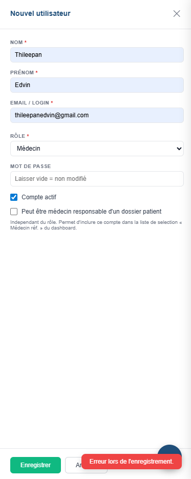 Message d'erreur lors de la création d'un utilisateur